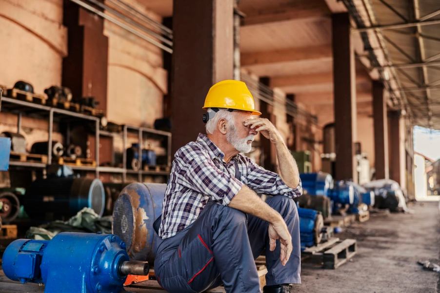 Older factory worker sitting on a pallet in Ontario Brampton.