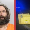 On the left, a mugshot of am an with a long hair and a beard, on the right, a yellow plastic case in a Silverado truck bed with a nuclear warning label.