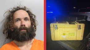 On the left, a mugshot of am an with a long hair and a beard, on the right, a yellow plastic case in a Silverado truck bed with a nuclear warning label.