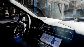 The interior of a Waymo taxi driving through San Francisco