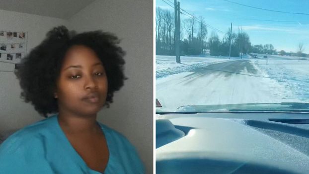 Woman complains about bad roads (l) roads in the winter covered in snow (r)