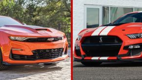 Left: a red Camaro muscle car front end, Right: a red Mustang front end