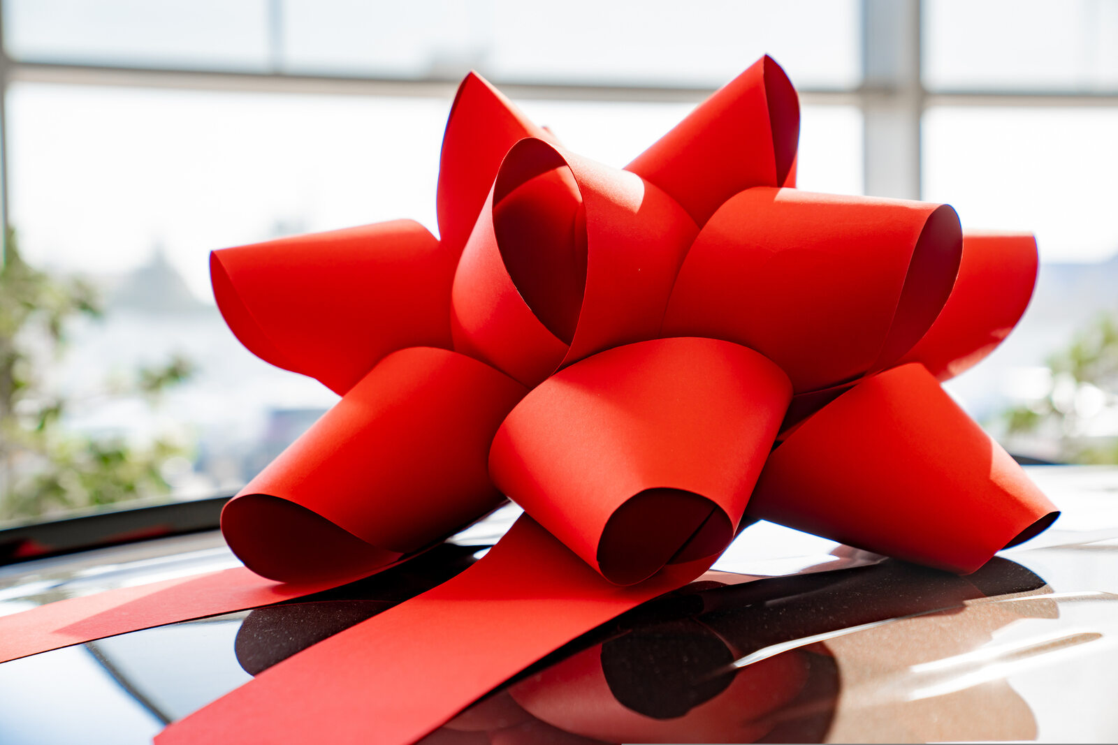 A car in a dealership showroom with red now on its roof in very close view