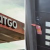 Citgo Gas station(l) Shell gas station sticker on Gas Pump(r)