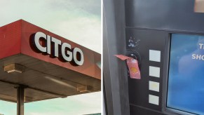 Citgo Gas station(l) Shell gas station sticker on Gas Pump(r)