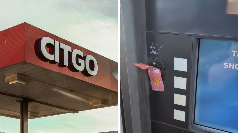 Citgo Gas station(l) Shell gas station sticker on Gas Pump(r)