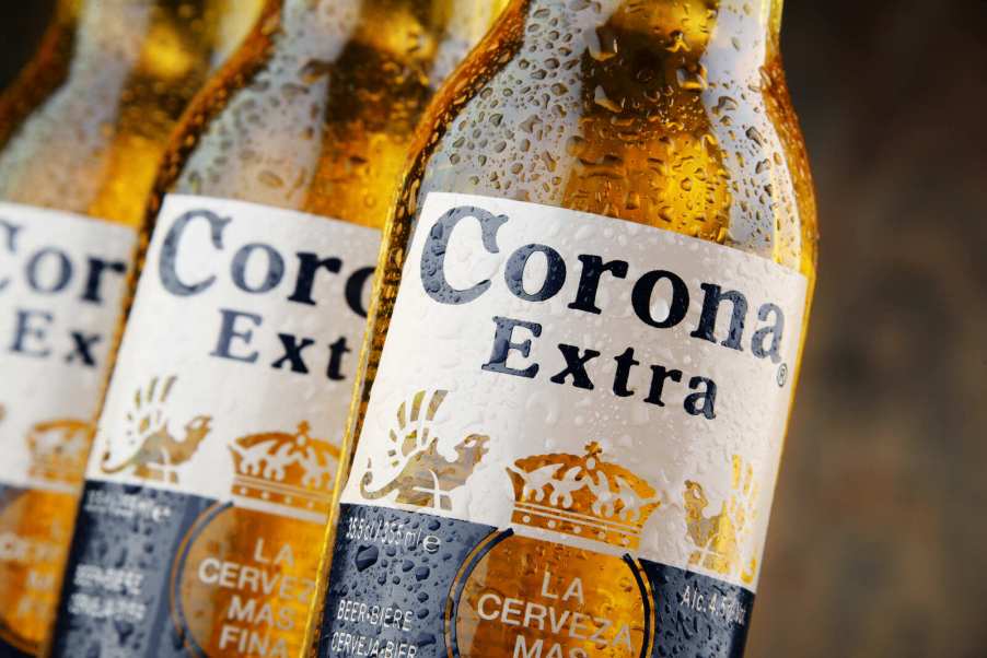 Corona beer bottles in close view of labels