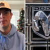 Young man wearing a hat(l) Close up of Dodge Ram Emblem(r)