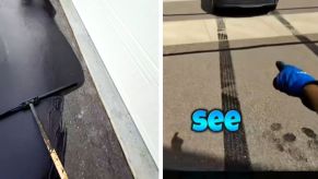 Left: driveway getting sealcoating, Right: Tesla driver tracks on fresh sealcoat over concrete sidewalk