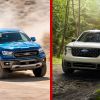 Left: A blue 2020 Ford Ranger driving on dirt in right front angle view, Right: A 2025 Ford Maverick parked in the woods in left front angle view
