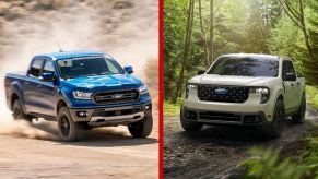 Left: A blue 2020 Ford Ranger driving on dirt in right front angle view, Right: A 2025 Ford Maverick parked in the woods in left front angle view