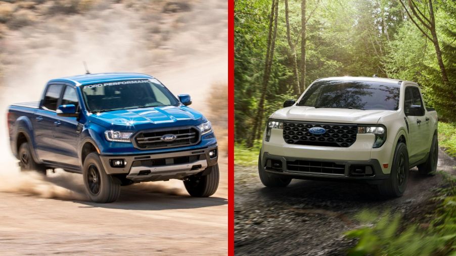 Left: A blue 2020 Ford Ranger driving on dirt in right front angle view, Right: A 2025 Ford Maverick parked in the woods in left front angle view
