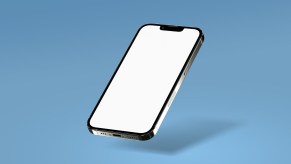 iPhone cellphone floating above a blue background, ready to post Instagram photos