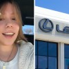 woman smiling while inside of her car(l) Lexus Dealership Building(r)
