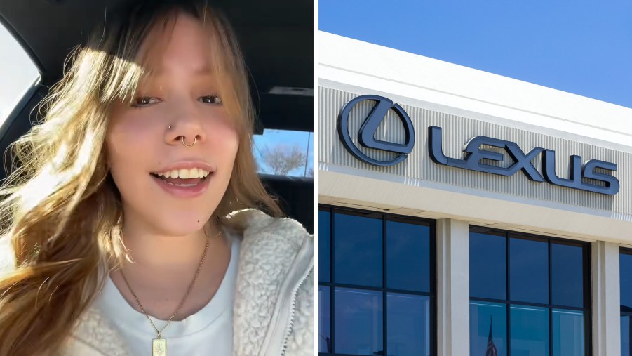 woman smiling while inside of her car(l) Lexus Dealership Building(r)