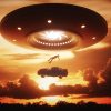 Depiction of an alien spaceship beaming up a man and a car