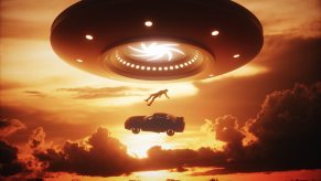 Depiction of an alien spaceship beaming up a man and a car