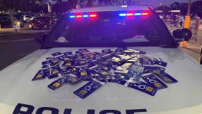 Mount Dora, Florida police collect misused handicap placards on cruiser hood at night
