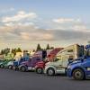A colorful array of semi-trucks lined up diagonally view of cabs