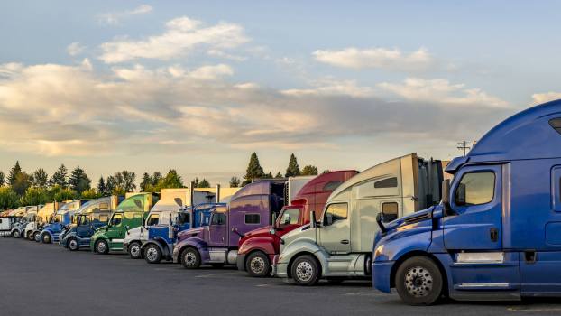 A colorful array of semi-trucks lined up diagonally view of cabs