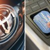 Close up of Toyota Steering Wheel Logo(l) Sonic dipping cause on toyota center console(r)