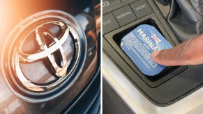Close up of Toyota Steering Wheel Logo(l) Sonic dipping cause on toyota center console(r)