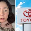 Woman sitting inside of her car(l) Toyota Dealer Sign(r)
