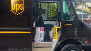 UPS truck in close right profile view