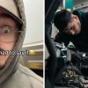 close up of man wearing.a hoodie(l) Mechanic Repairing engine(r)