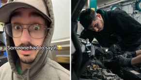 close up of man wearing.a hoodie(l) Mechanic Repairing engine(r)