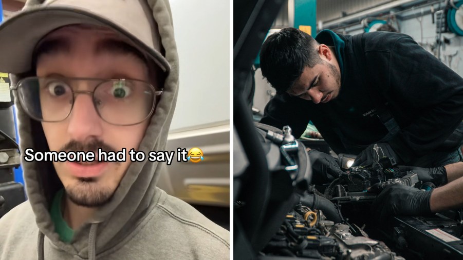 close up of man wearing.a hoodie(l) Mechanic Repairing engine(r)