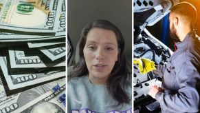 Hundreds of dollars (l) woman shares how she got scammed (c) mechanic doing an oil change (r)