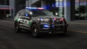 A 2025 Ford Explorer Police Inceptor with its lights on