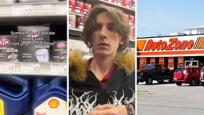 Close up of Oil filter on display shelf at store(l) Man standing in front of autozone store shelf (c) Autozone Store Front(r)