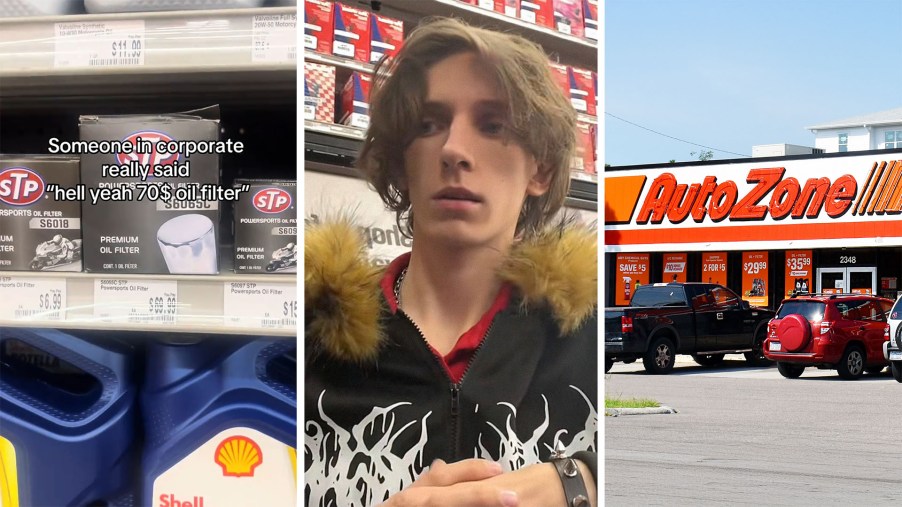 Close up of Oil filter on display shelf at store(l) Man standing in front of autozone store shelf (c) Autozone Store Front(r)