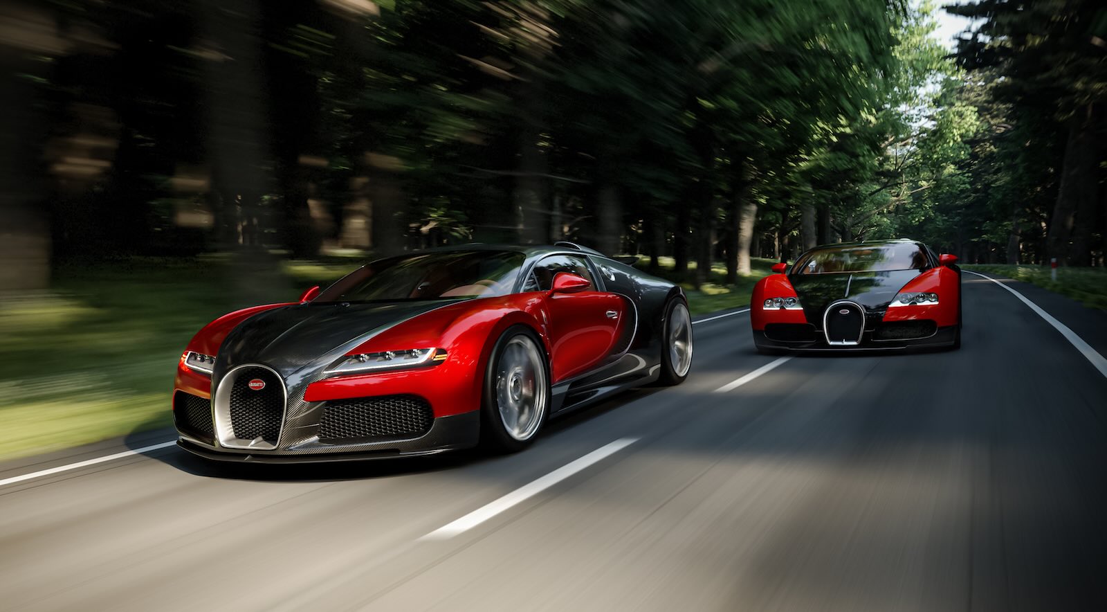 Red Bugatti FPK Hommage driving down the road in front of a Veyron, trees visible in the background.