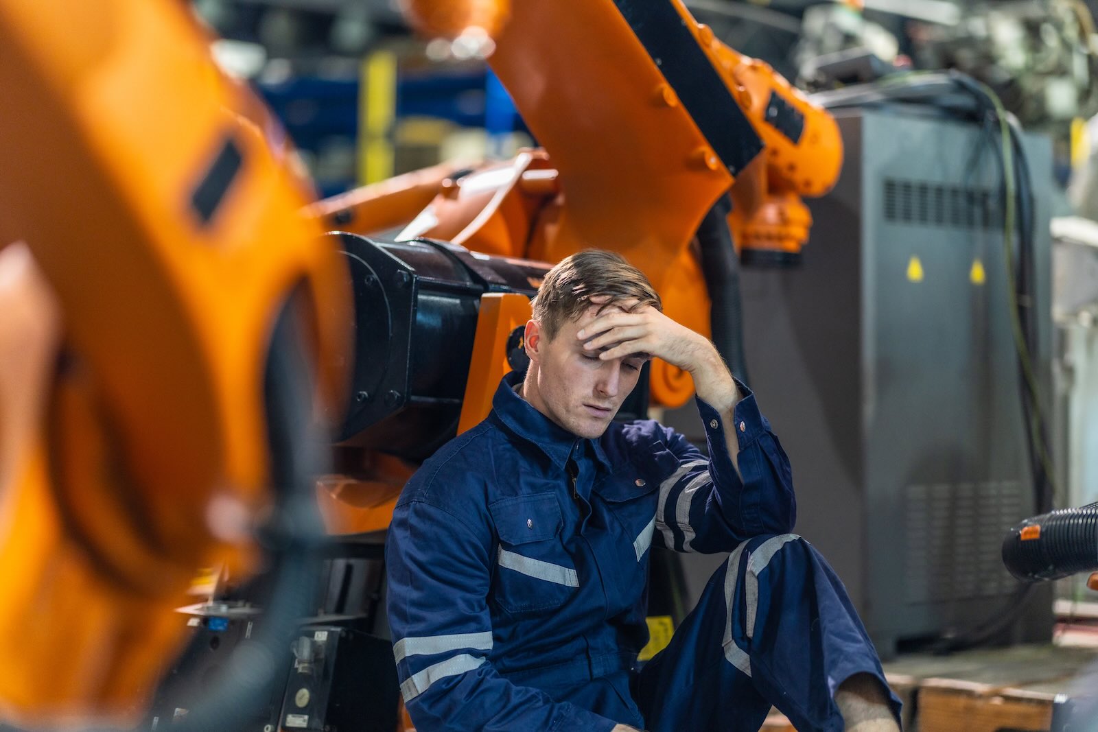 General Motors factory worker sitting on the floor after being laid off