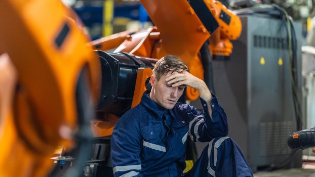 General Motors factory worker sitting on the floor after being laid off