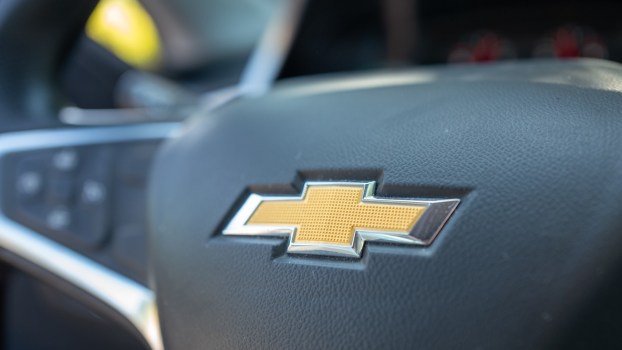 Bowtie logo on the steering wheel of used Chevy Bolt EV.