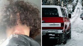Man shares driving during winter struggles (l) Chevrolet stuck in snow road (r)