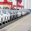 Row of Tesla Model Y EVs from Shanghai on the deck of a ship bound for Canada