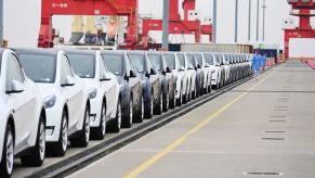 Row of Tesla Model Y EVs from Shanghai on the deck of a ship bound for Canada