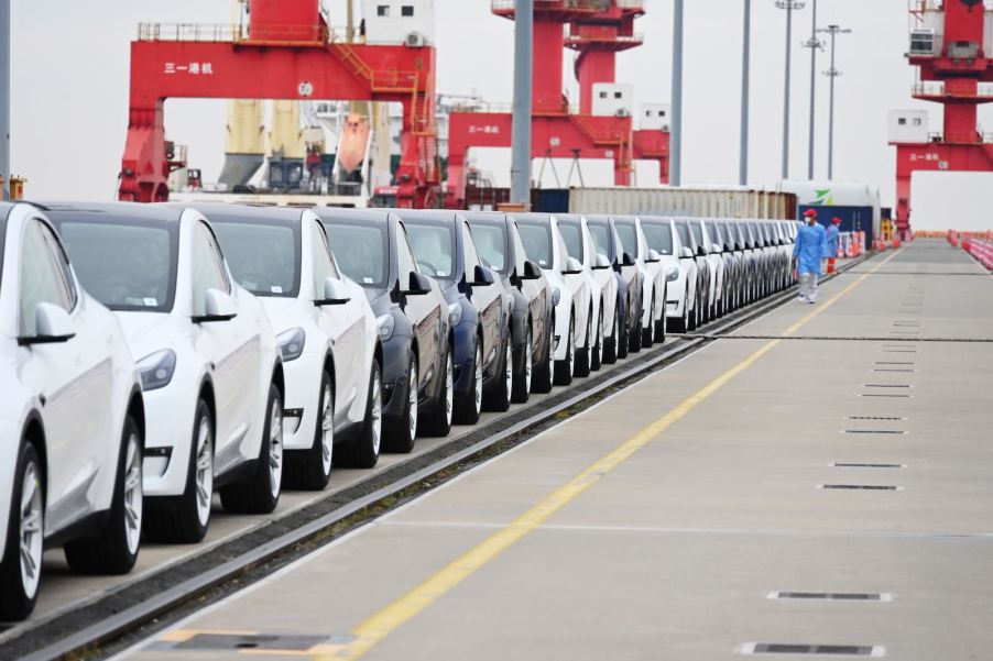 Row of Tesla Model Y EVs from Shanghai on the deck of a ship bound for Canada