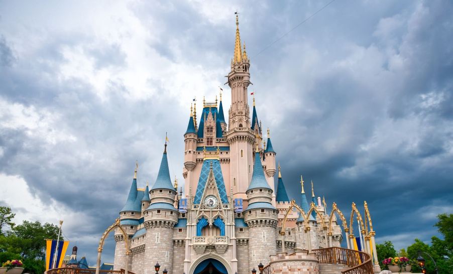 Darks sky behind the Cinderella Castle in Disney World, Orlando Florida