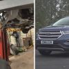 Mechanic shows work of the day (l) Ford edge at mechanic shop (r)