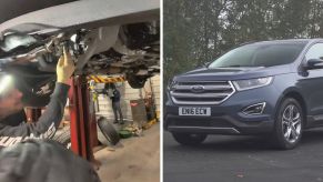 Mechanic shows work of the day (l) Ford edge at mechanic shop (r)