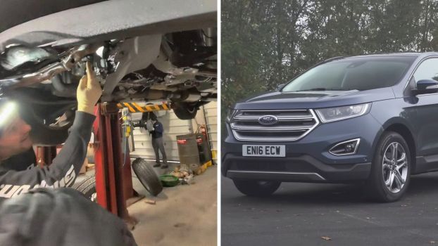 Mechanic shows work of the day (l) Ford edge at mechanic shop (r)
