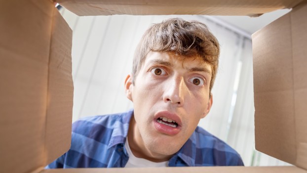 Bahrain customs official's face viewed from inside a box shipped to Navy base