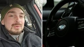 Man shares subaru car facts (l) Subaru steering wheel (r)