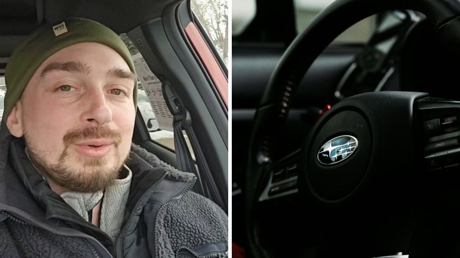 Man shares subaru car facts (l) Subaru steering wheel (r)